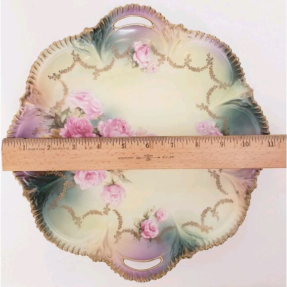 Beautiful Vintage RS PRUSSIA Red Mark Porcelain 11" Cake Plate Pink Roses Gold - Picture 9 of 9